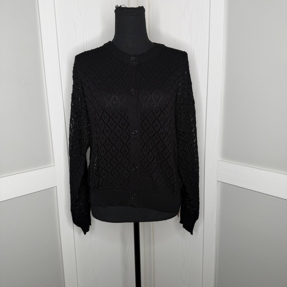 Yesfashion Cardigan Sweater Womens XL Black Pointelle Knit Button Front Stretch